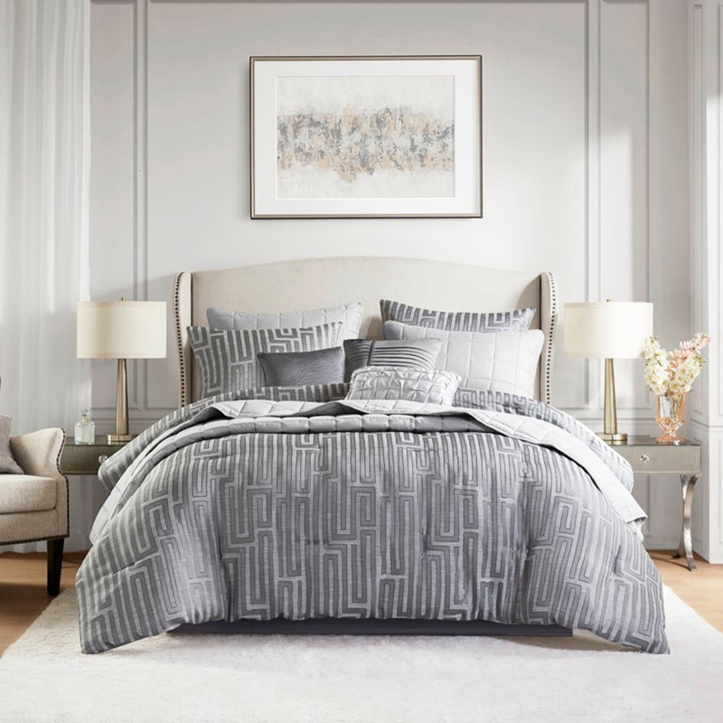 10 pièces d'édredon et de courtepointe de luxe très grand gris avec confort douillet toutes saisons, jupe de lit à motif brodé et confort
