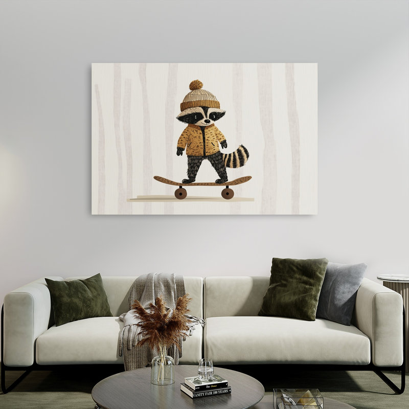 Playful Raccoon Skater Contemporary Forest Wall Art Print 1 Piece Wrapped Canvas Wall Art, 101.6cm H x 152.4cm W