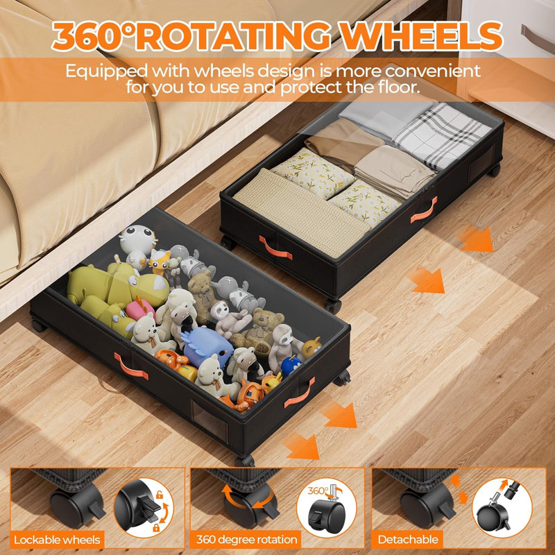 Under Bed Storage with Wheels,2-Pack Under Bed Storage Containers with Clear Lids,Black