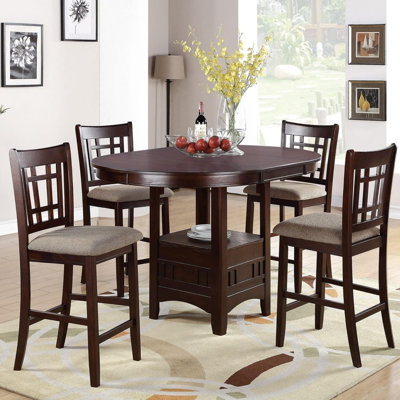 Contemporary Dining Room Counter height 5pc Dining Set Round Table w Leaf & 4x Side Chairs