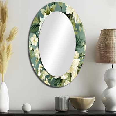 Beige And Green Peonies Damask Serenity - Green Oval Wall Mirror Decor
