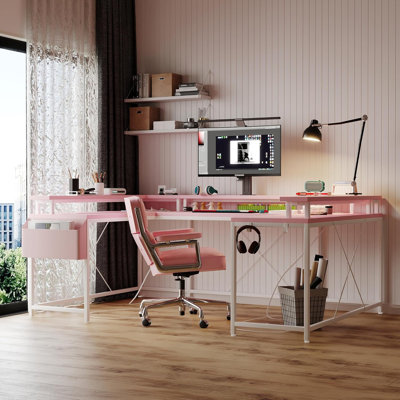 Bureau d'ordinateur en U avec prises de courant et lumières RVB - Bureau en L réversible