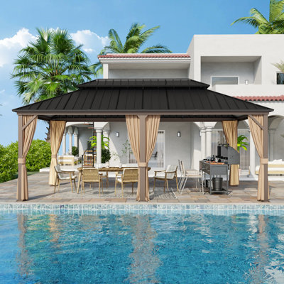 Pavillon de jardin d'extérieur à toit rigide en acier à 2 niveaux avec l 19,5 pi x l 11,6 pi avec protection totale en filet