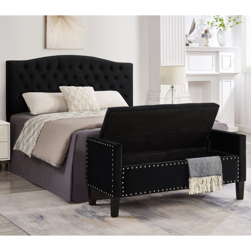 Upholstered Tufted Button Storage Bench With Nails Trim, Black
