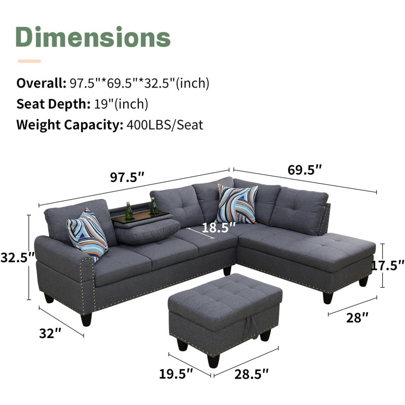 Canapé modulaire 3 pièces, Orienté à droite, Lin gris