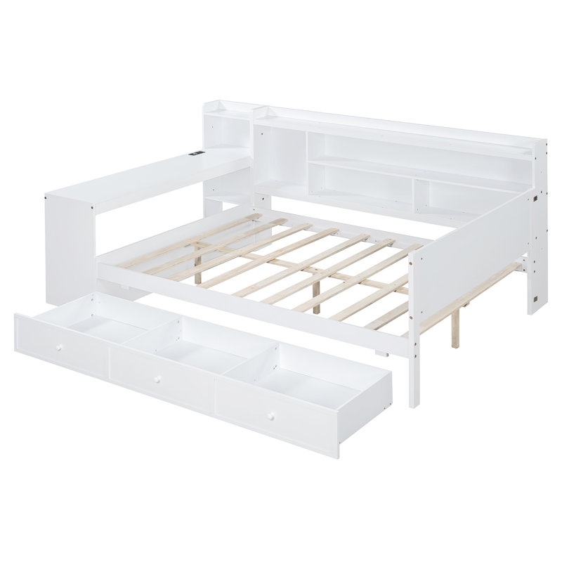 Full Size Wooden Daybed With 3 Drawers, USB Ports And Desk ,White, White