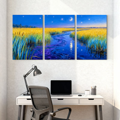 Abstrait, ciel nocturne, rivière, roseaux, étoiles, lune, reflets, paysage, ensemble de 3 impressions sur toile