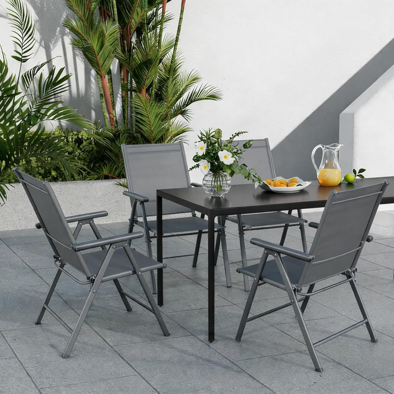 Foldable Outdoor Garden Dining Chairs, 7-Level Adjustable Reclining Backrest with Armrests, Grey