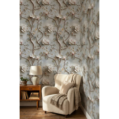 Papier peint floral embossé beige, décoration murale élégante
