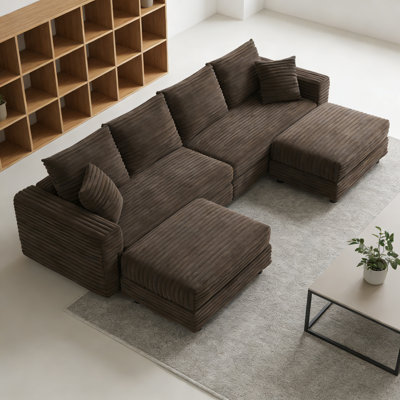 102.4 "Plush Corduroy 4-Seat Sofa,Modern Comfy Upholstered Sofa Cloud Couch,Deep Seat Couches with Soft Pillows and 2 Ottomans,Convertible Sofa Lounge Chair,Camel