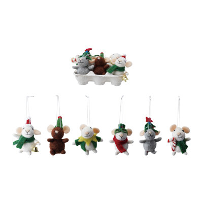6-Piece Handmade Wool Felt Mice in Holiday Clothes Ornaments in Egg Crate