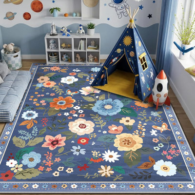 Motif floral 8 x 10 tapis lavable imprimé boho tapis mignon antidérapant fleur bas pour salon chambre cuisine bureau ferme-bleu / gris