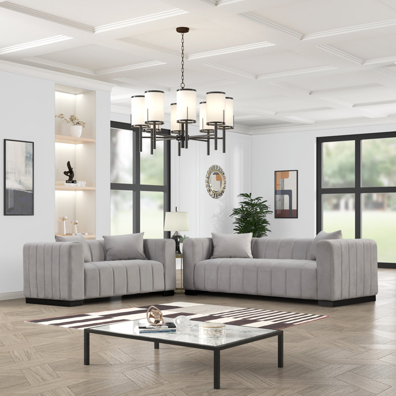 Deakyne 2 Piece Velvet Living Room Set, Black, Light Gray