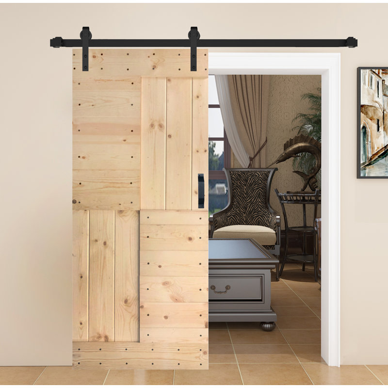 Unfinished Pine Paneled Sliding Barn Door with Track Kit
