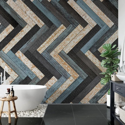 Rustic Blue Wood Herringbone Chevron Wall Mural Design