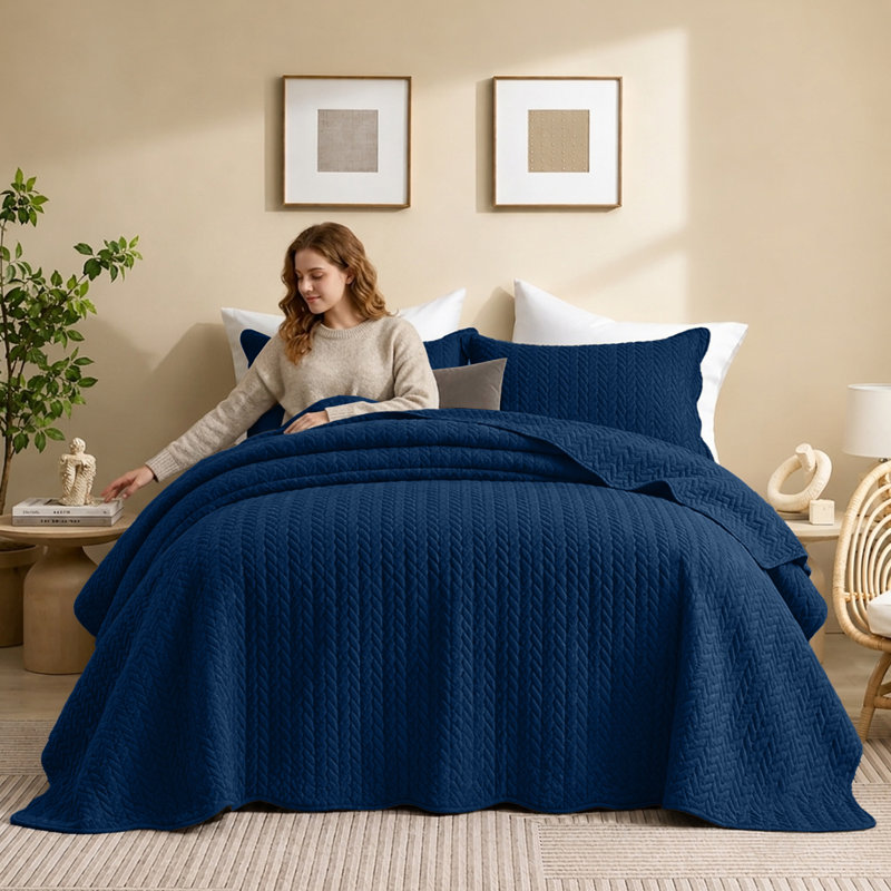 Microfiber Embossed Oversized Modern & Contemporary Bedspread Set With Shams, Blue, Full Bedspread + 2 Pillowcases