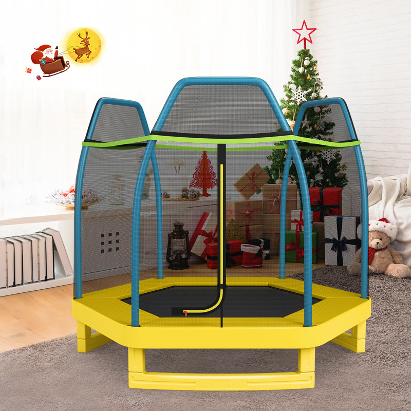 Costway Hexagon Backyard Trampoline with Safety Enclosure, Mint Green