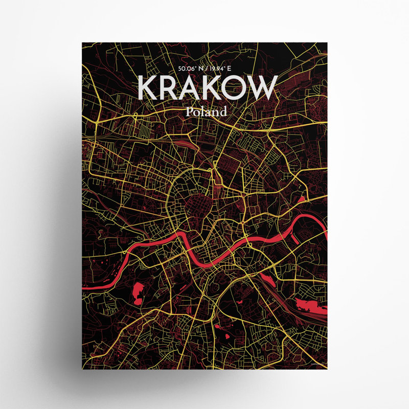 «Krakow City Map», impression de luxe, H 24 po x l 18 po, Noir / rouge / jaune