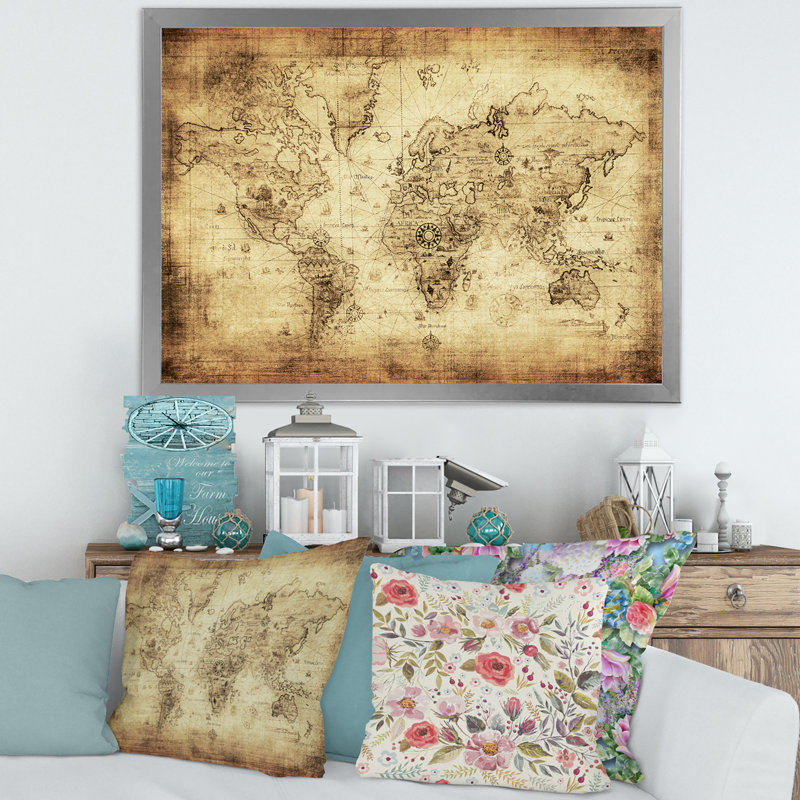 Ancienne carte du monde IV - reproduction d'art sur toile, H 24 po x l 32 po x P 1 po, Argent