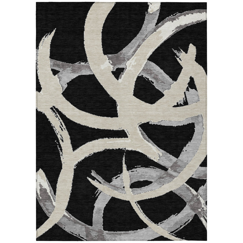 Tapis intérieur lavable abstrait noir ivoire et gris 8 pi x 10 pi