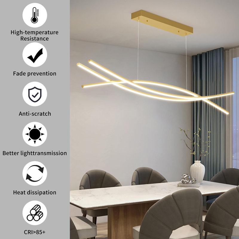 1M Gold Modern Fishbone LED Pendant Light Adjustable Height & Colour Temperature, Doré, L 39 po
