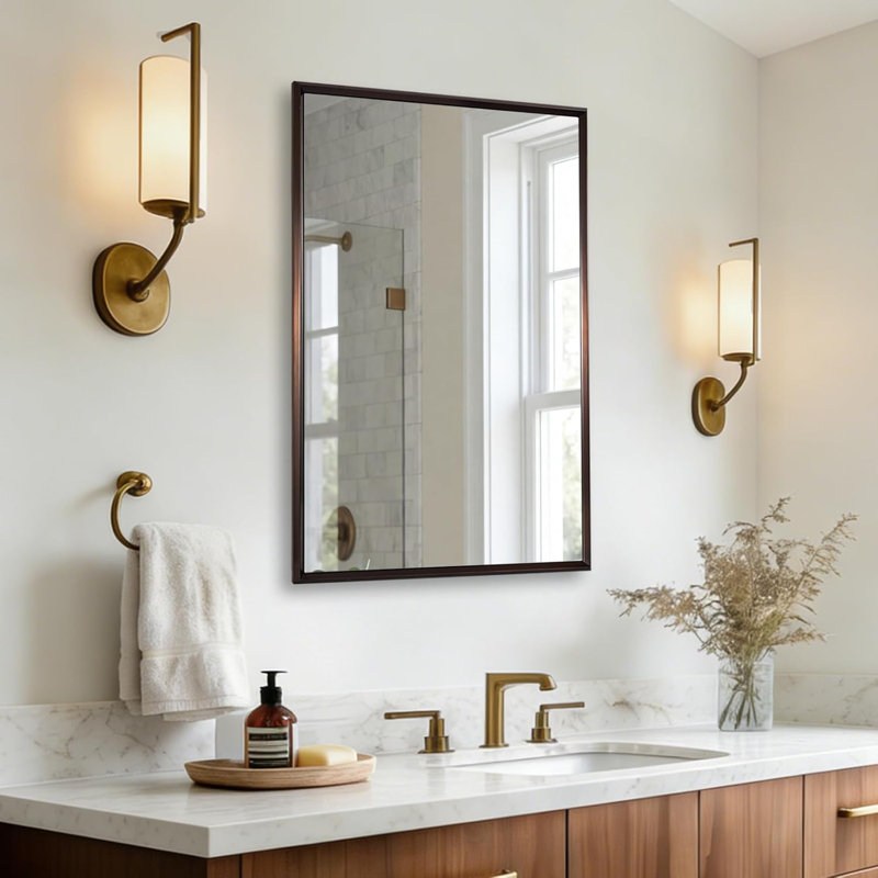Modern Rectangular Bathroom Vanity Mirror with Beveled Edges | Stainless Steel Frame, 36" x 24", Brushed Bronze