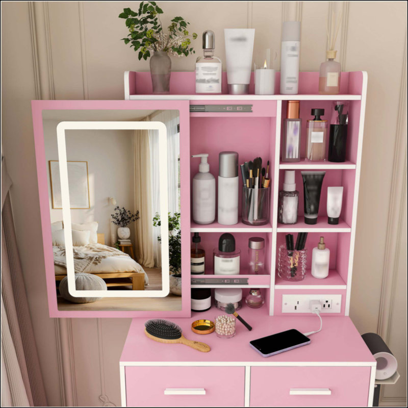 Petit bureau de coiffeuse avec miroir et lumières DEL réglables, prise de courant intégrée et rangement dissimulé, comprend tabouret et tablette rembourrés, coiffeuse pour petites chambres