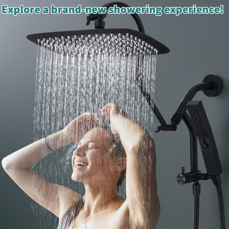Pomme de douche double entièrement en métal avec mode massage équipé, Noir mat, 12"