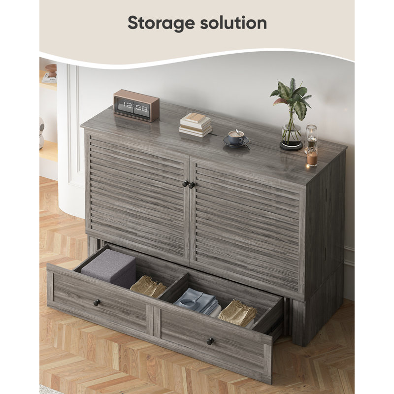 Queen Murphy Bed Cabinet with Charging Station & 2 Drawers, Grey, Heather Gray