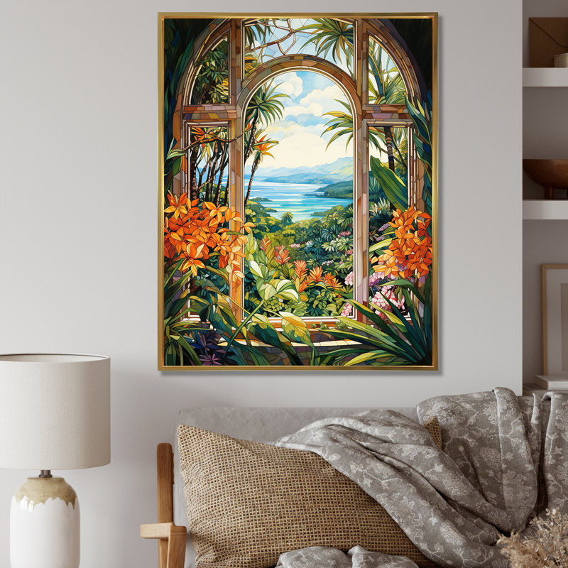 «Tropical Windows View Blooms 2», art mural floral abstrait, Cadre flottant doré, H 20 po x l 12 po x P 1 po