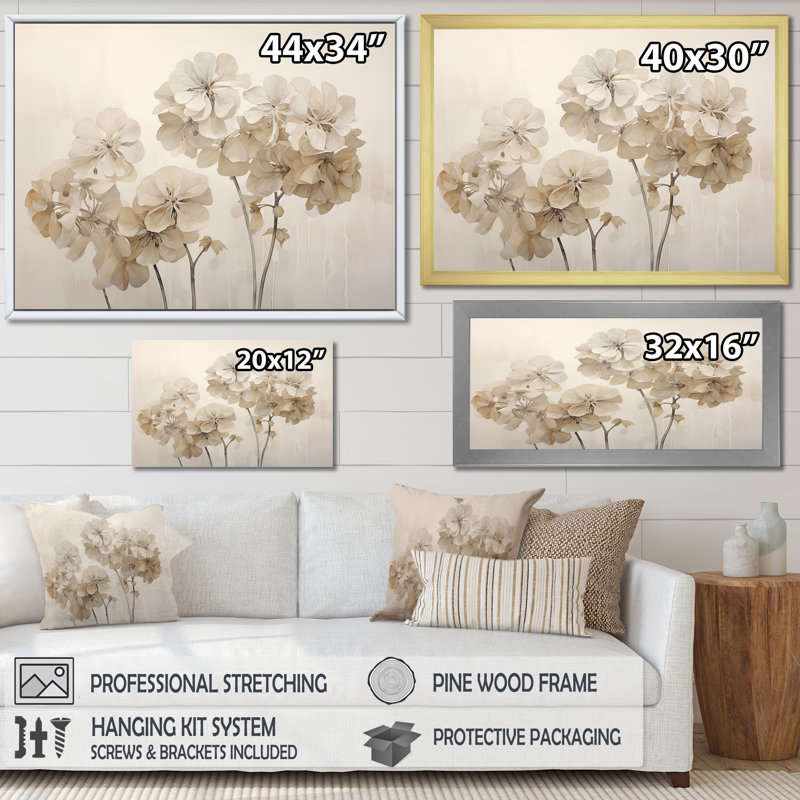 «Minimalisme géraniums beige I» sur toile, Cadre simple blanc, H 12 po x l 20 po x P 1 po