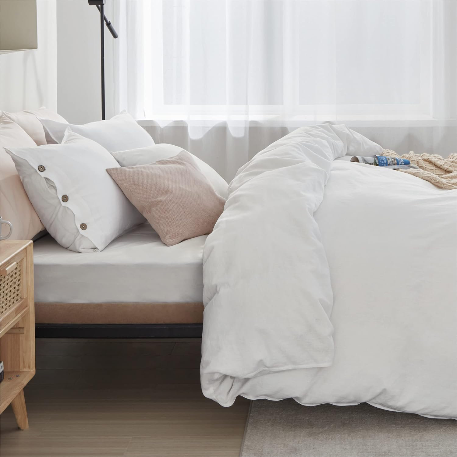 Bedsure Linen Cotton Blend Duvet Cover Set, King Duvet Cover + 2 King Pillowcases, White
