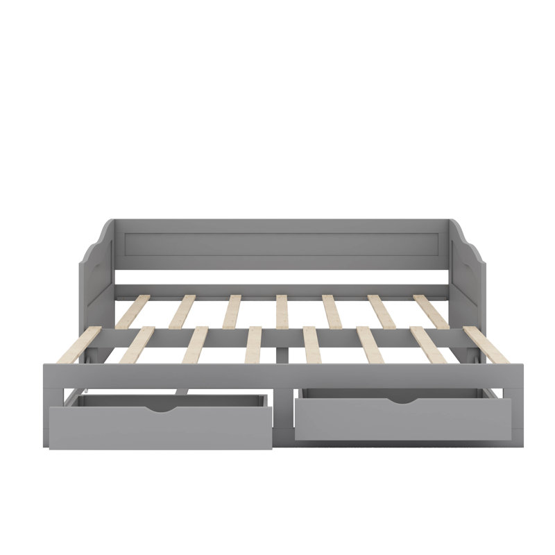 Lit de jour simple en bois extensible avec lit gigogne et deux tiroirs de rangement, Gris