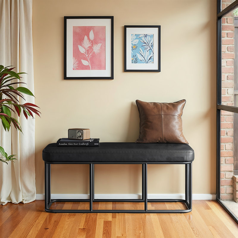 Bench For Entryway, Sitting Bench, Ottoman Benich With Steel Frame, Synthetic Leather With Stitching, Mid-Century Modern