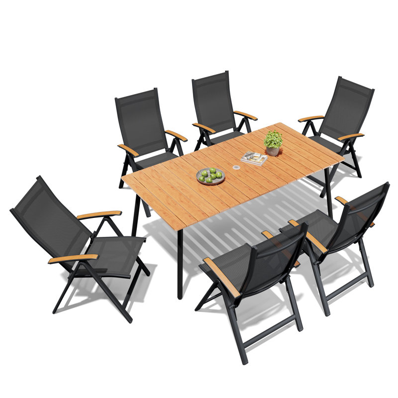  6-Person Outdoor Dining Set with Aluminum Frame and Folded Reclining Armchairs, Brown, 29.13" H x 70.9" L x 33.1" W