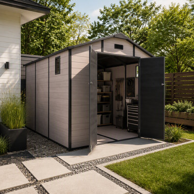 8x10 FT Plastic Outdoor Storage Shed - Lockable Resin Tool Shed with Window & Floor, Dark Gray