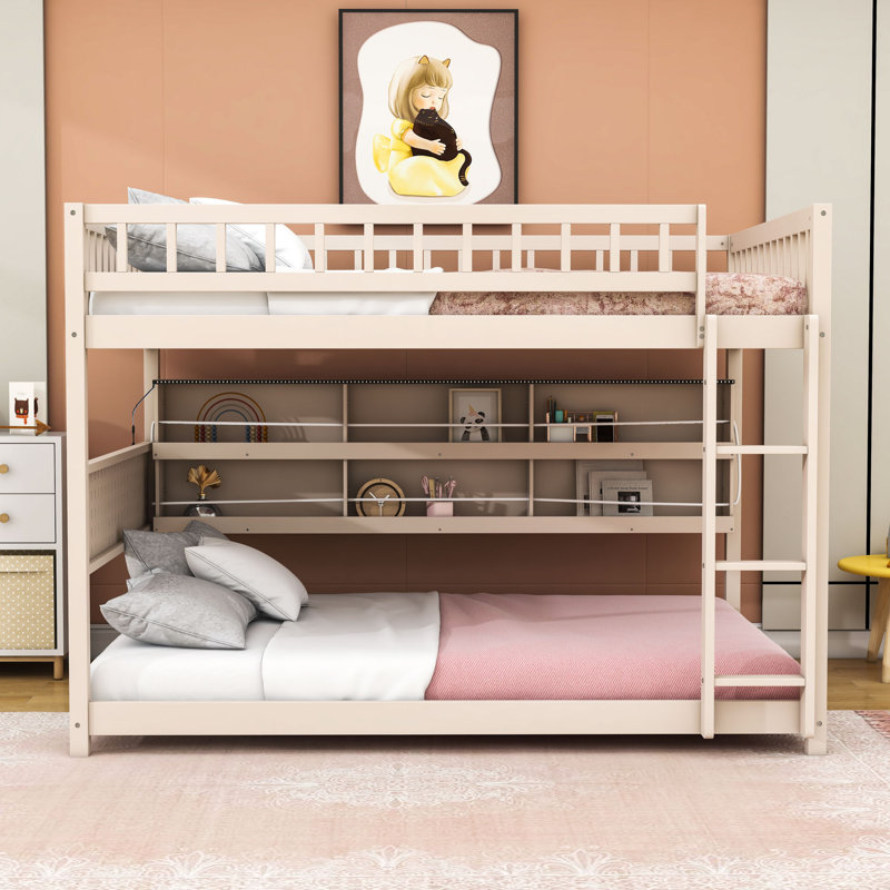 Lit superposé double en bois avec tablettes de rangement, Beige