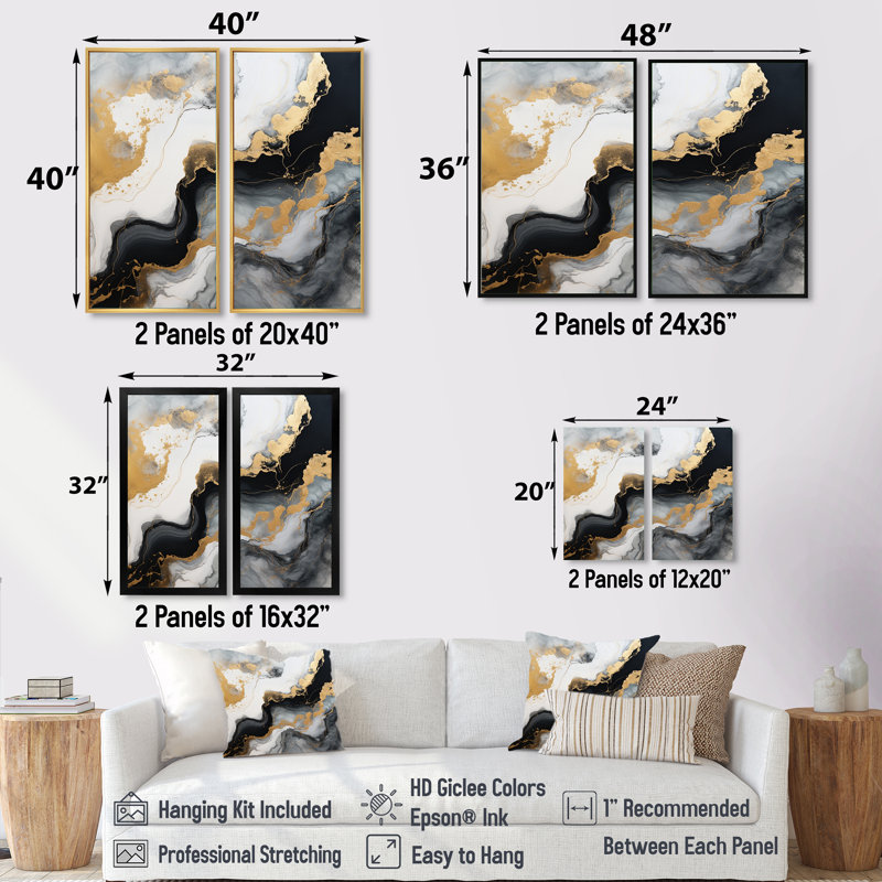 Glam Gold Flows - art sur toile marbré, art mural abstrait blanc 2 panneaux, H 40 po x l 40 po, Doré