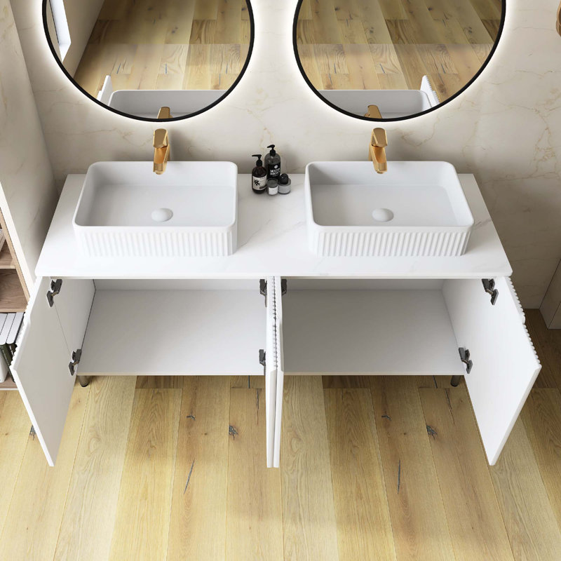 Meuble-lavabo autoportant avec lavabo et portes en céramique, comptoir blanc Carrara, Blanc