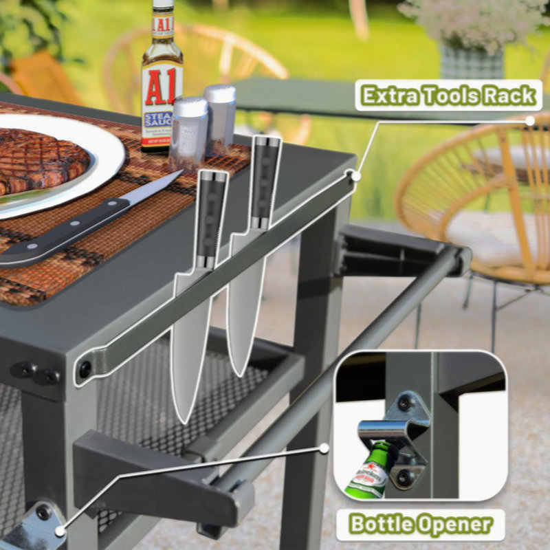 3-Shelf Black Metal Outdoor Grill Cart with Wheels and Tool Storage