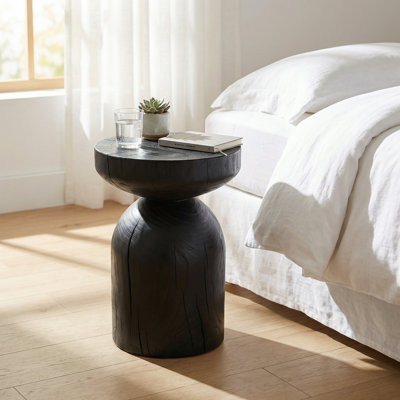 Table d'appoint ronde en bois massif noir avec finition craquelée rétro - Table de bout compacte pour le salon, la chambre à coucher ou comme support pour plante
