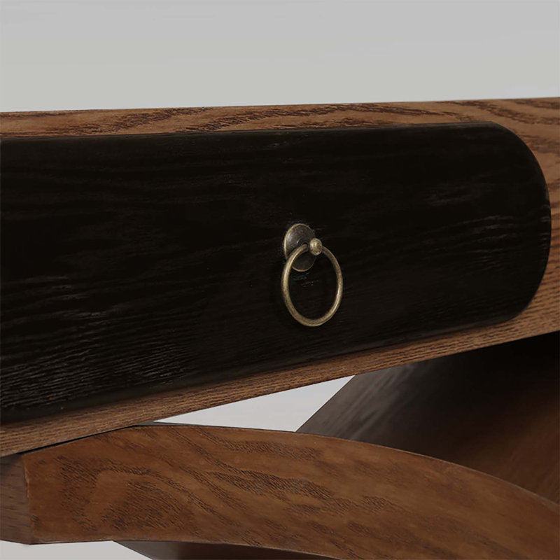 Console en bois avec pieds croisés, deux tiroirs à poignées