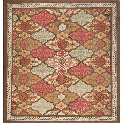 Artistic Antique Geometric Pattern Square Shape French Aubusson Flat Weave Rug