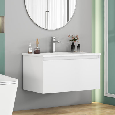 Meuble-lavabo mural avec 1 grand tiroir, système de fermeture en douceur, lavabo en céramique, conception sans poignée, bois massif, finition de peinture, facile à installer, le robinet n'est pas inclus