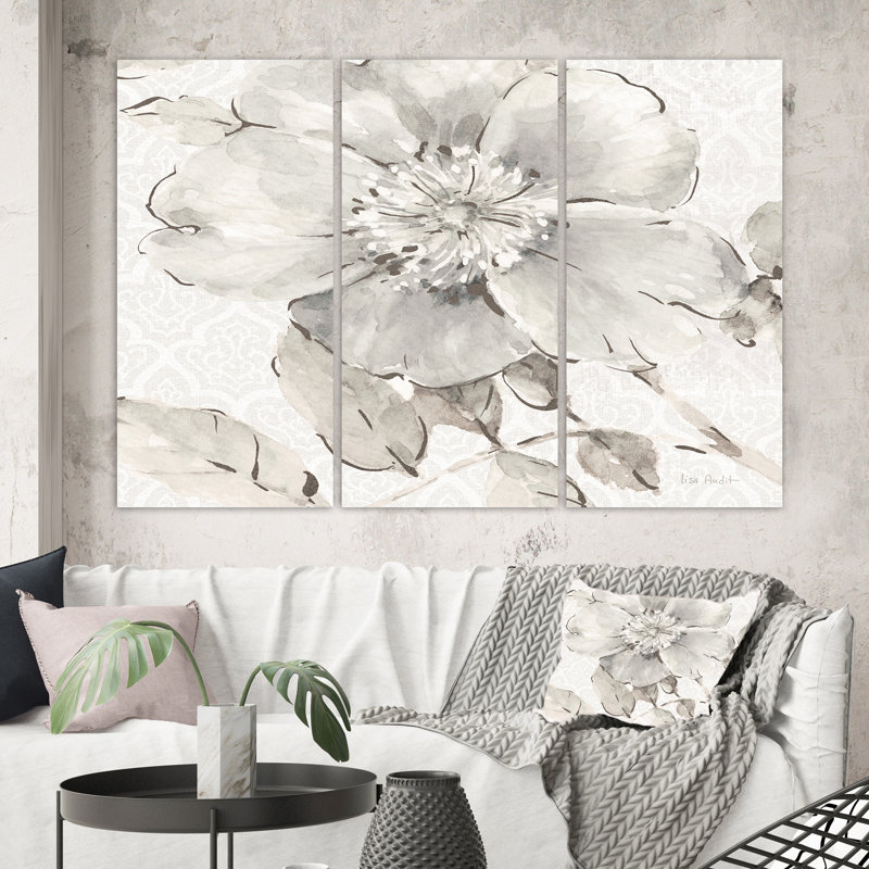 Campagne’indigold gris pivoines ii', reproduction d’image multi-pièces sur toile tendue, H 40 po x l 60 po x P 1 po