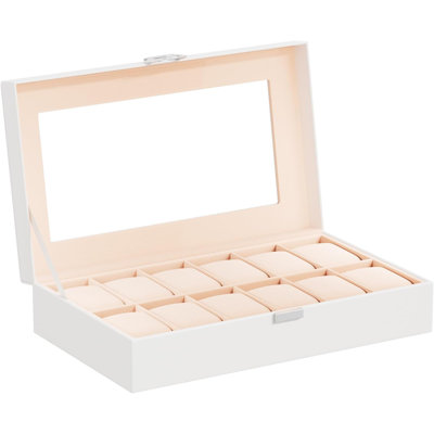 12 Slot Watch Display Case, White Watches Storage Boxes Holder for Men Women, Large Glass Lid, Removable Pillows