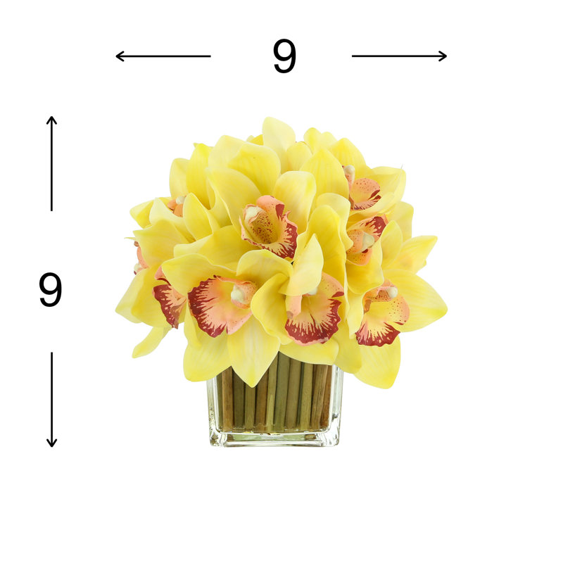 Orchids Arranged in Bamboo-Filled Glass Vase, Yellow