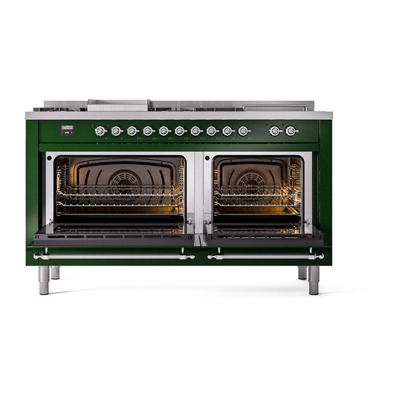 ILVE Nostalgie II Noblesse 60 in Dual Fuel Range 7 Burner, Griddle, Frenchtop, Emerald Green/Chrome, Natural Gas