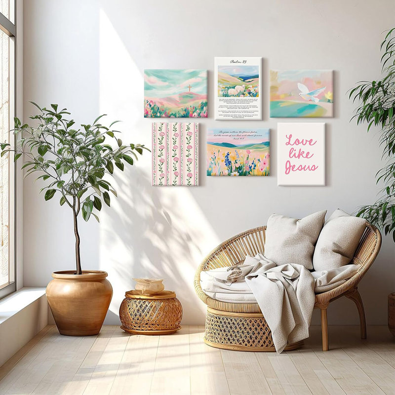 Pastel Pink Christian Wall Art Bible Verse Preppy Canvas Wall Decor Girl Trendy Christian Poster Aesthetic Floral Scripture Prints Cute Religious Pictures For Room 12X16 Inch Ready To Hang 6Pcs