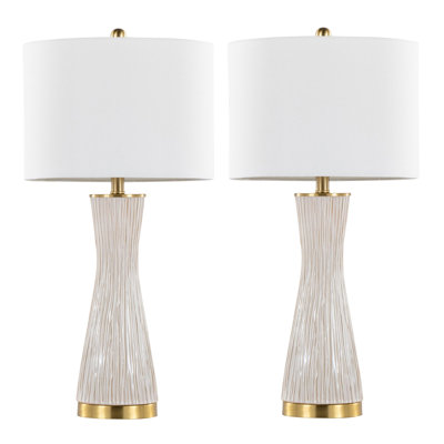 Ensemble de 2 lampes de table 28 po en céramique Glam Contemporary, base en céramique blanche et abat-jour en lin blanc